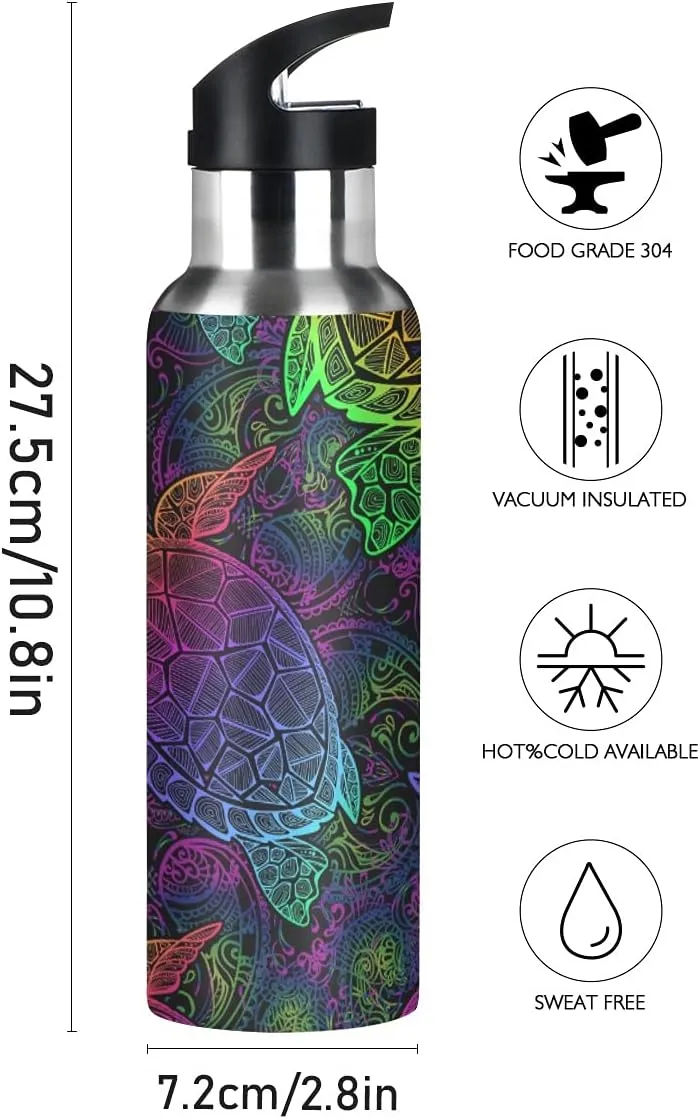 xigua Mandala Sea Turtle Sport Water Bottle with Straw Lid Double Wall Vacuum Insulated Flask Stainless Steel Water Bottle 20 oz