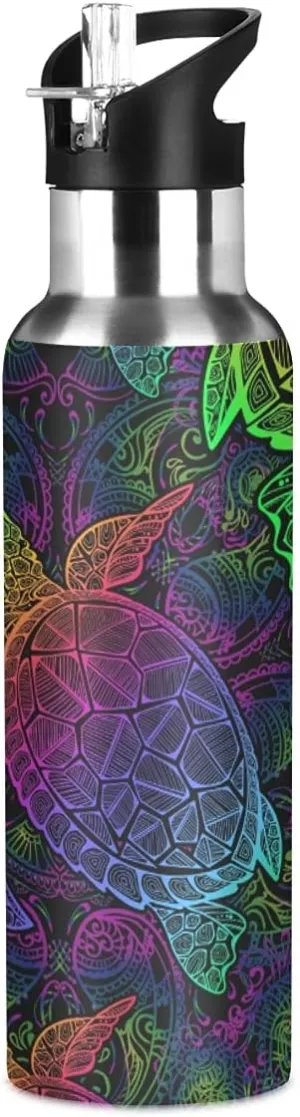 xigua Mandala Sea Turtle Sport Water Bottle with Straw Lid Double Wall Vacuum Insulated Flask Stainless Steel Water Bottle 20 oz