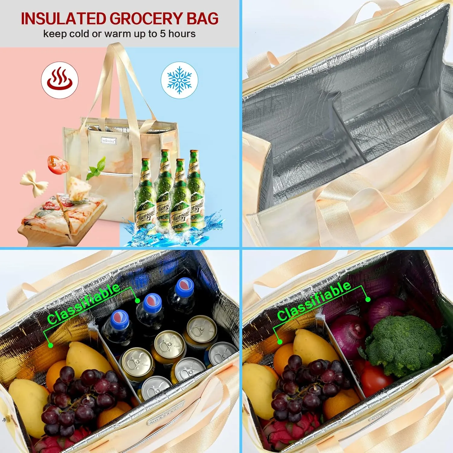 XL Insulated Reusable Grocery Shopping Tote Bag, Insulated Cooler Bags, Waterproof, Sturdy Zipper, Stands Upright