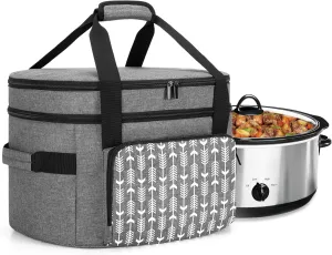 Yarwo 𝟐𝟎𝟐𝟓 𝐍𝐄𝐖 Slow Cooker Travel Bag with Bottom Board Compatible with Crock-Pot and Hamilton Beach 6 7 8 Quart, Double Layers Slow Cooker Carrier, Gray with Arrow (Bag Only, Patent Pending)