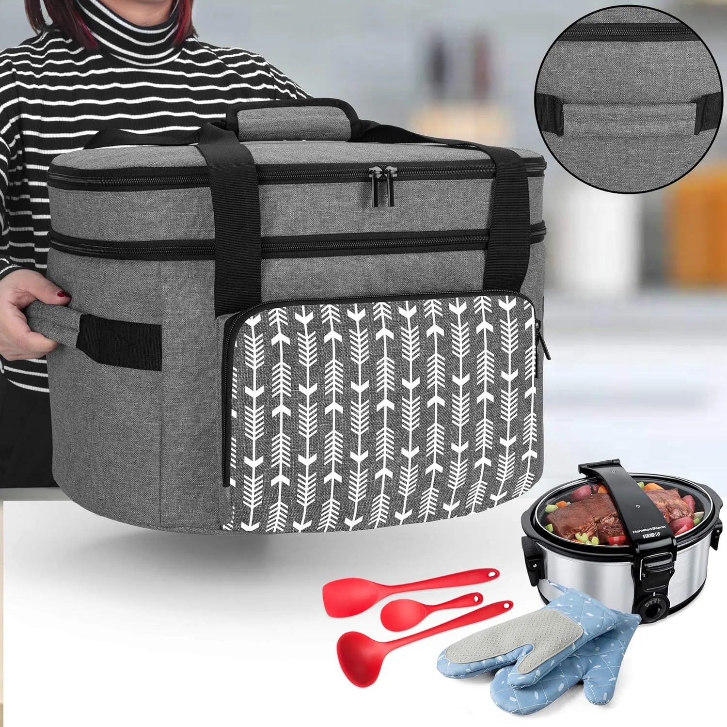 Yarwo 𝟐𝟎𝟐𝟓 𝐍𝐄𝐖 Slow Cooker Travel Bag with Bottom Board Compatible with Crock-Pot and Hamilton Beach 6 7 8 Quart, Double Layers Slow Cooker Carrier, Gray with Arrow (Bag Only, Patent Pending)
