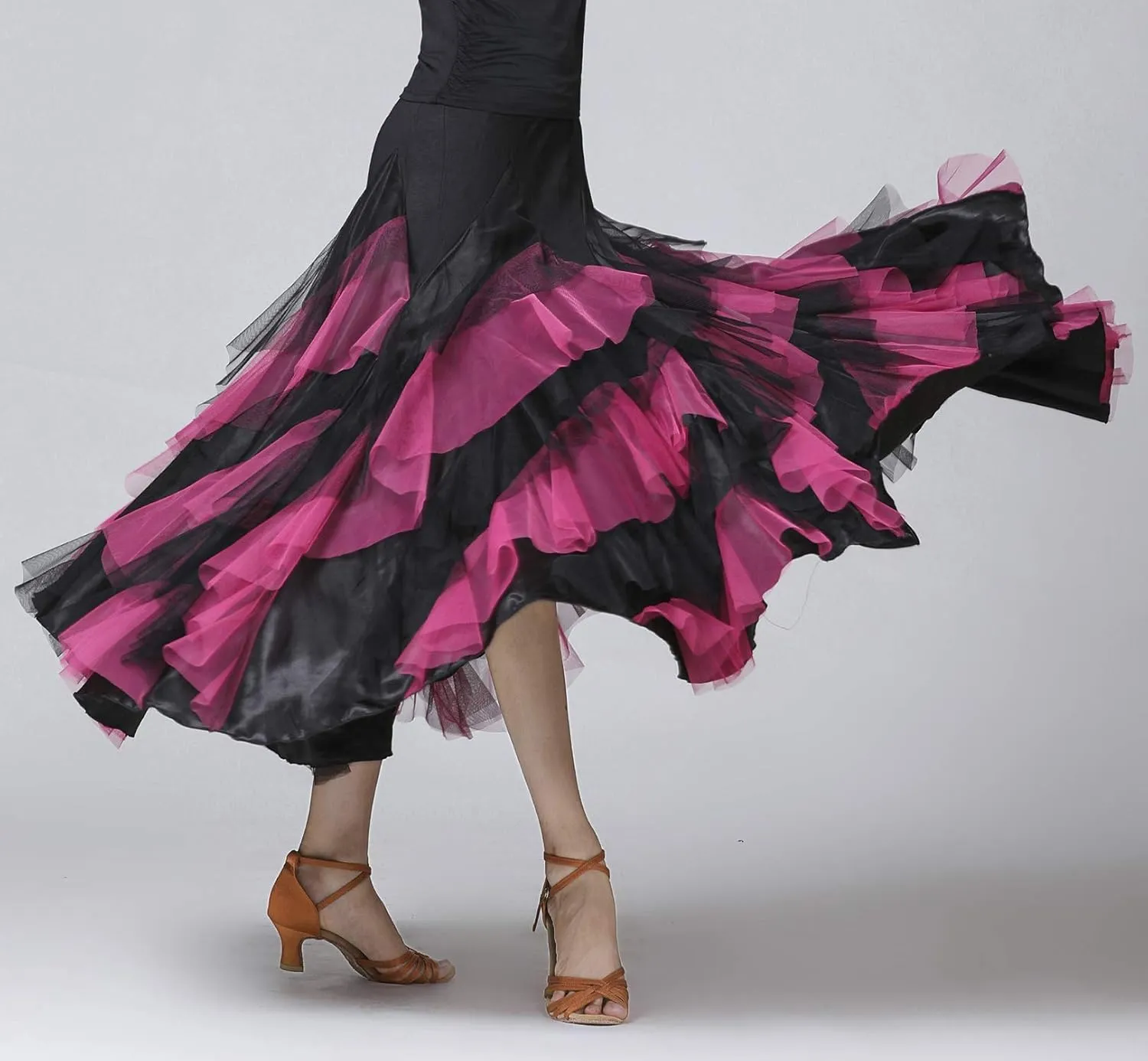 Z&X Ballroom Latin Dance Skirt 6 Tiered Color Block Long Swing Lyrical Flamenco Dance Party Skirts for Women