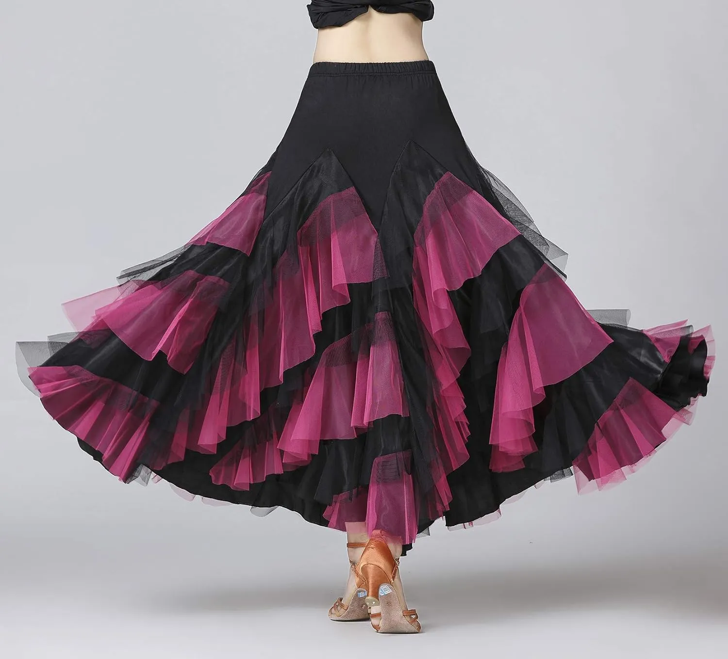 Z&X Ballroom Latin Dance Skirt 6 Tiered Color Block Long Swing Lyrical Flamenco Dance Party Skirts for Women