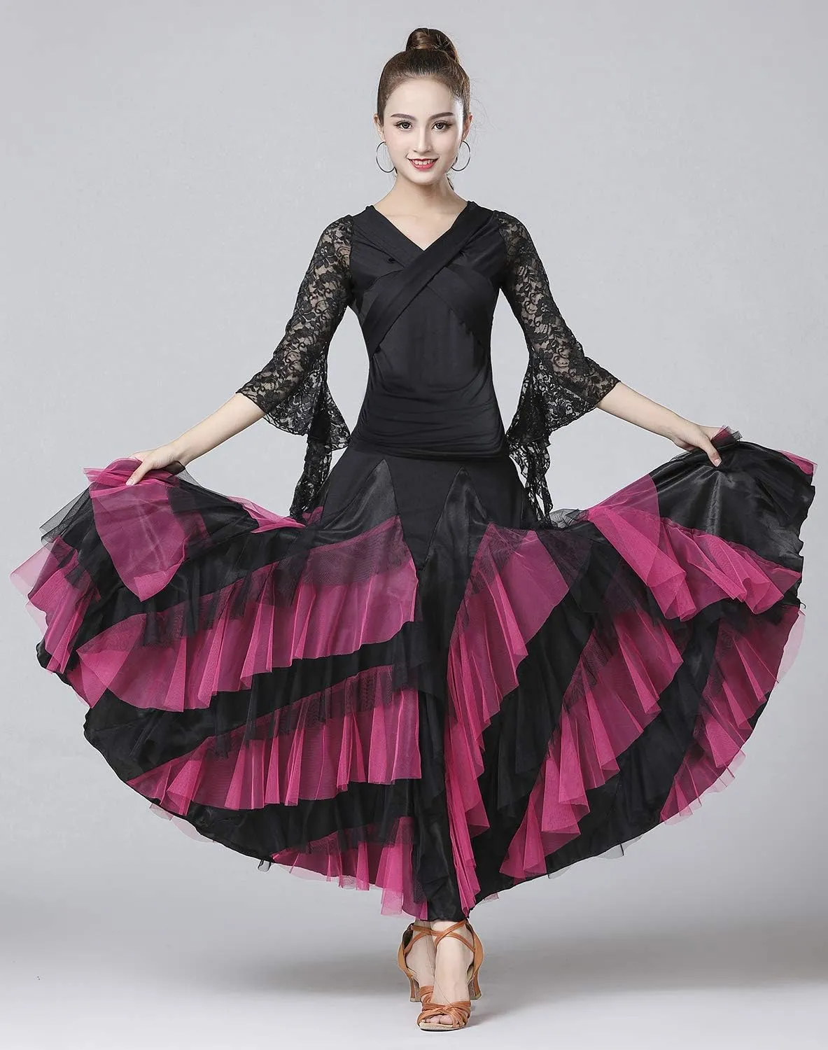 Z&X Ballroom Latin Dance Skirt 6 Tiered Color Block Long Swing Lyrical Flamenco Dance Party Skirts for Women