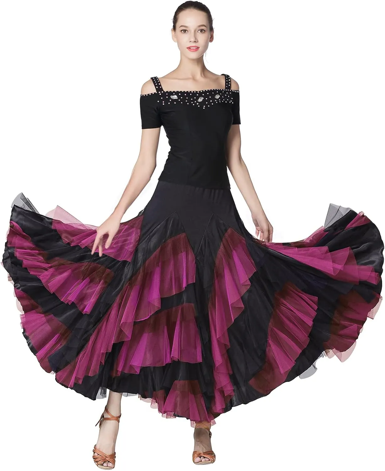 Z&X Ballroom Latin Dance Skirt 6 Tiered Color Block Long Swing Lyrical Flamenco Dance Party Skirts for Women
