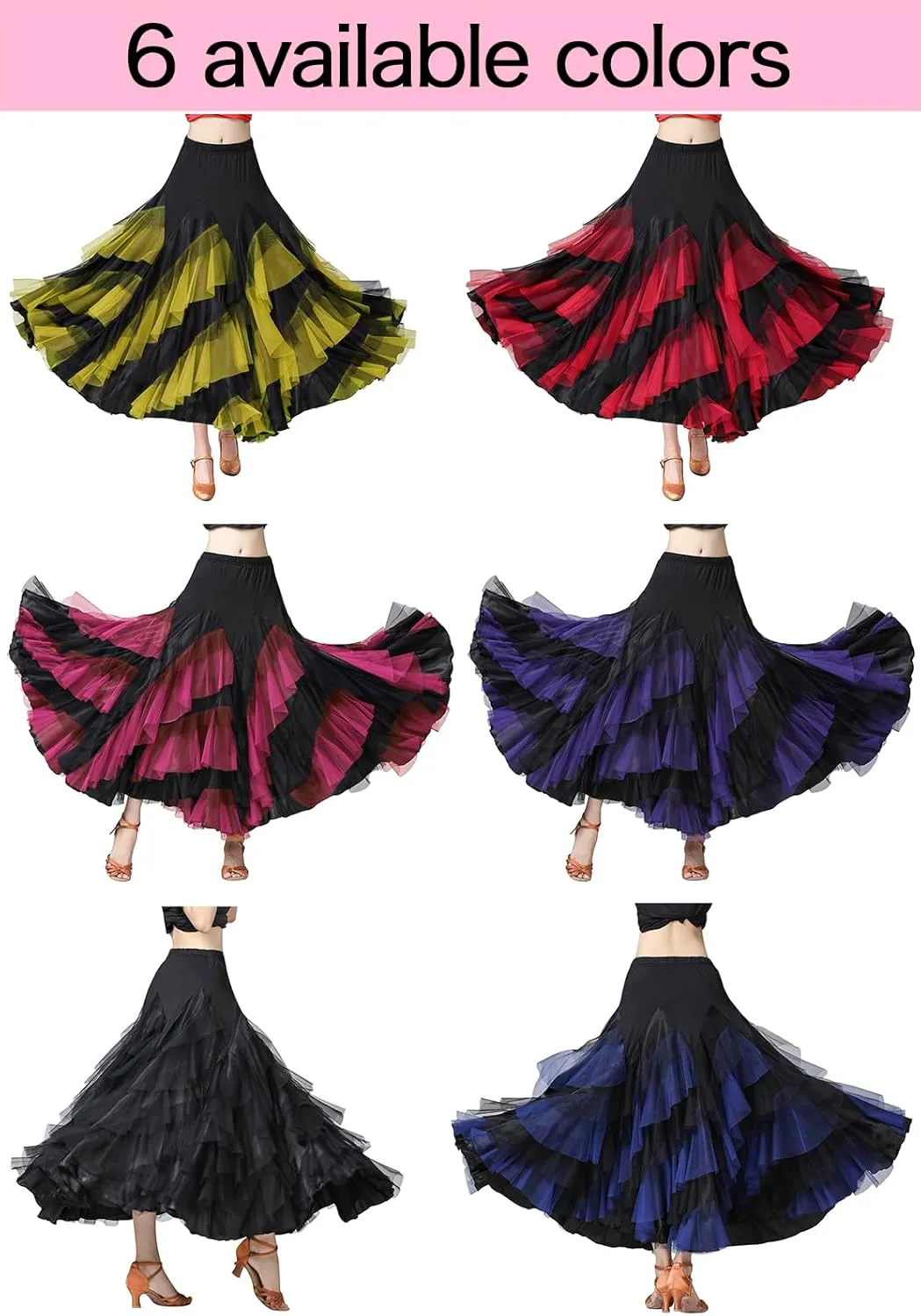 Z&X Ballroom Latin Dance Skirt 6 Tiered Color Block Long Swing Lyrical Flamenco Dance Party Skirts for Women