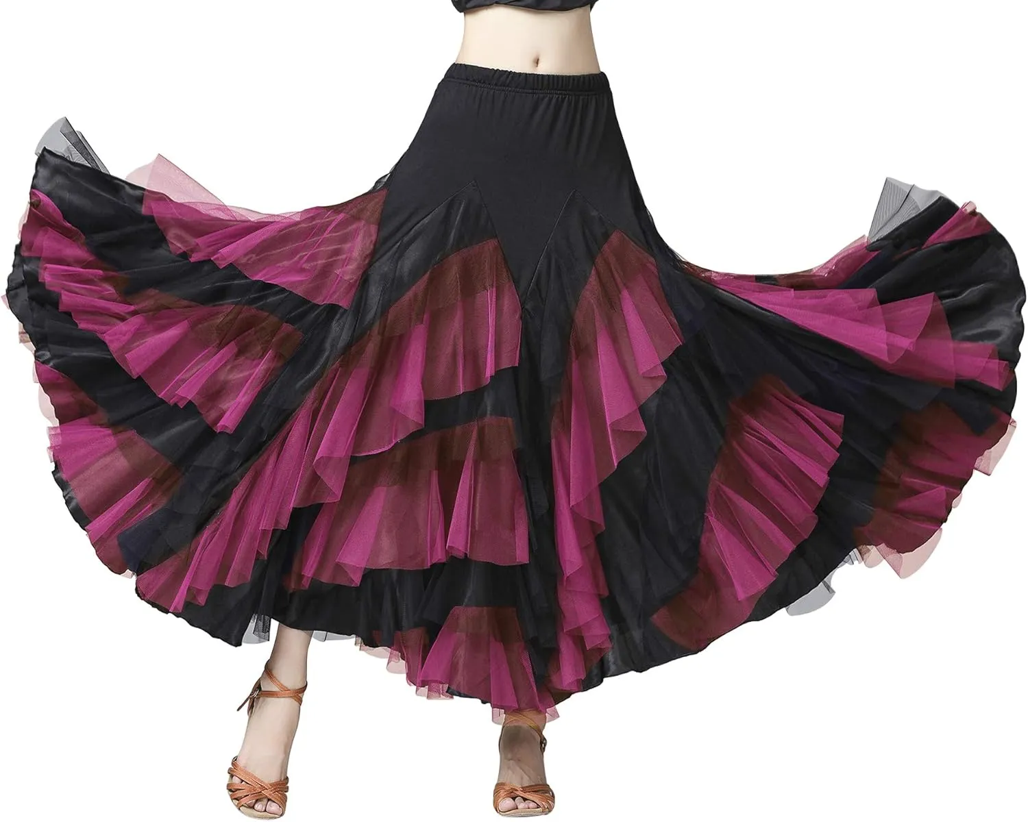 Z&X Ballroom Latin Dance Skirt 6 Tiered Color Block Long Swing Lyrical Flamenco Dance Party Skirts for Women