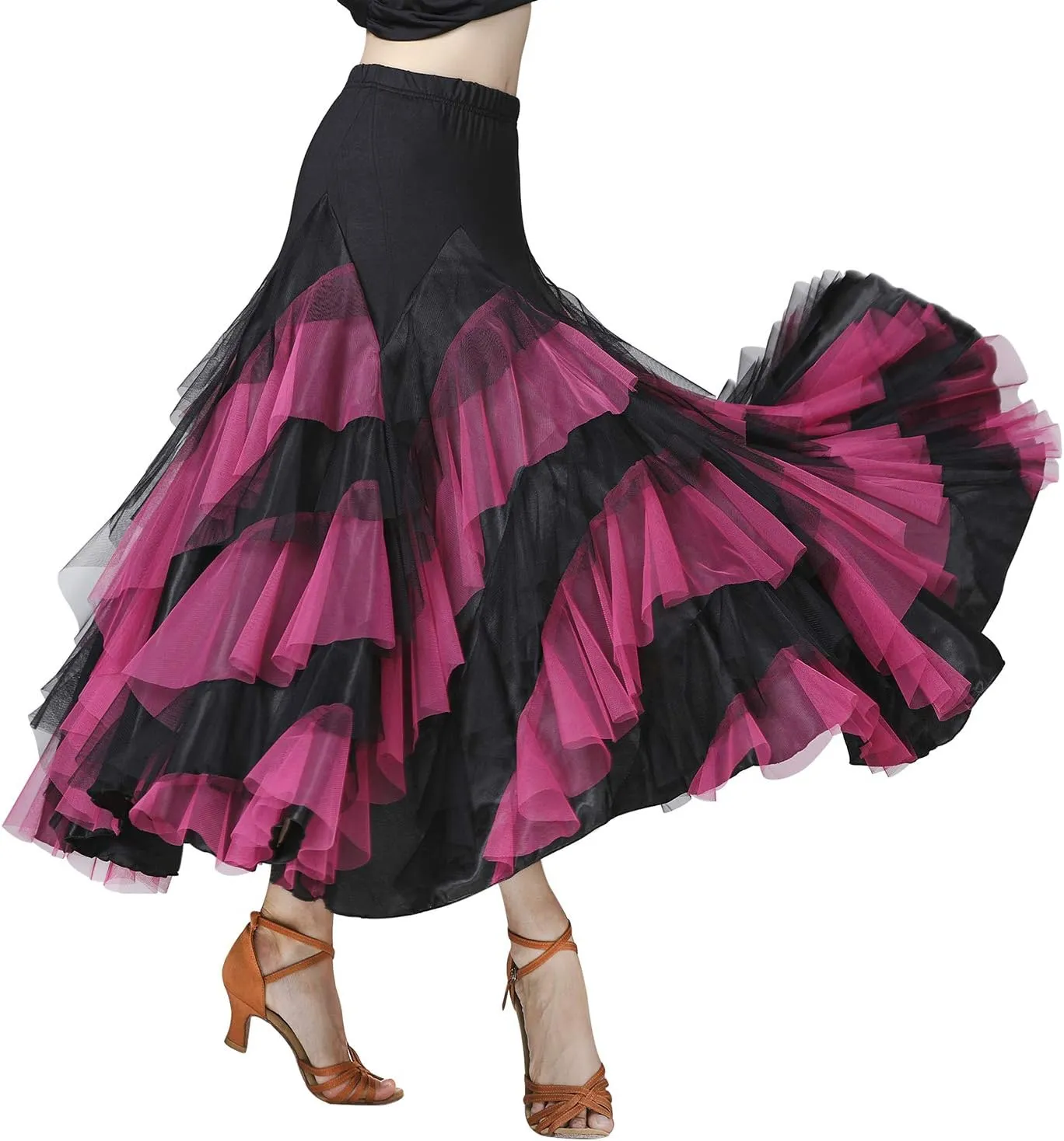 Z&X Ballroom Latin Dance Skirt 6 Tiered Color Block Long Swing Lyrical Flamenco Dance Party Skirts for Women