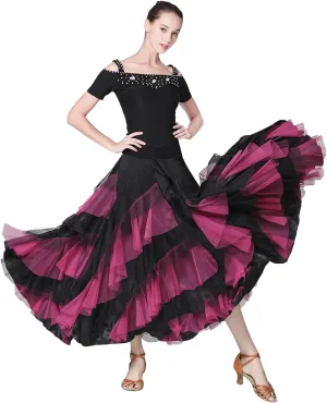 Z&X Ballroom Latin Dance Skirt 6 Tiered Color Block Long Swing Lyrical Flamenco Dance Party Skirts for Women
