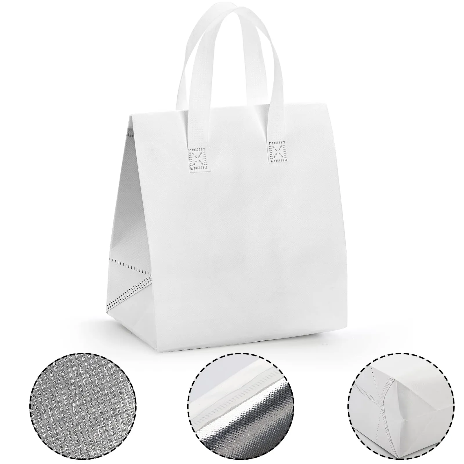 ZENFUN Set of 25 Insulated Take Away Bags, Small Insulated Cooler Bag Grocery Bags, White Thermal Bags for Hot&cold Frozen Food, Food Delivery, 9.5 x 6 x 10 Inches