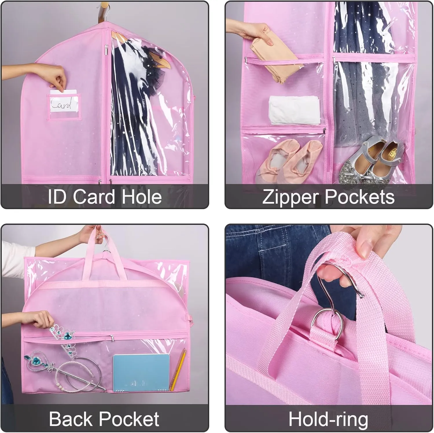 Zilink 40" Dance Garment Bags for Dancers Clear Garment Bags for Dance Costume with 5 Clear Zipper Pockets Stable Buckles and Carry Handles for Dance Competition Closet Storage, Set of 3