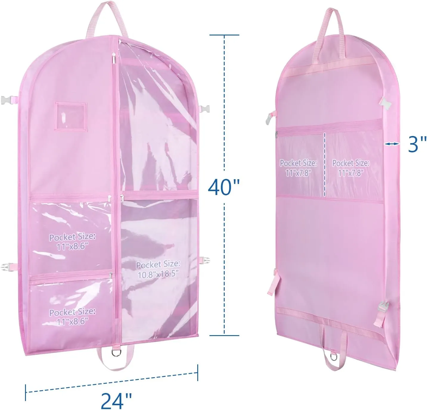 Zilink 40" Dance Garment Bags for Dancers Clear Garment Bags for Dance Costume with 5 Clear Zipper Pockets Stable Buckles and Carry Handles for Dance Competition Closet Storage, Set of 3
