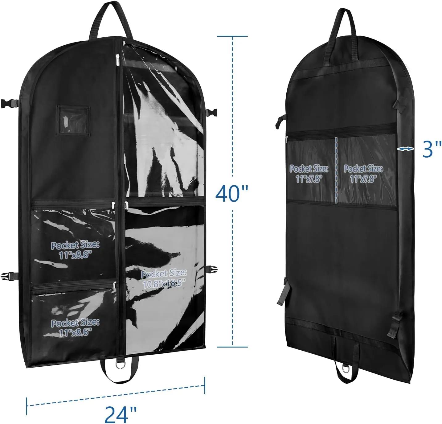 Zilink Black Dance Costume Bags Garment Bag 40 Inch for Dance Competitions with 5 Clear Zipper Pockets and Handles for Dance Competition Closet Storage
