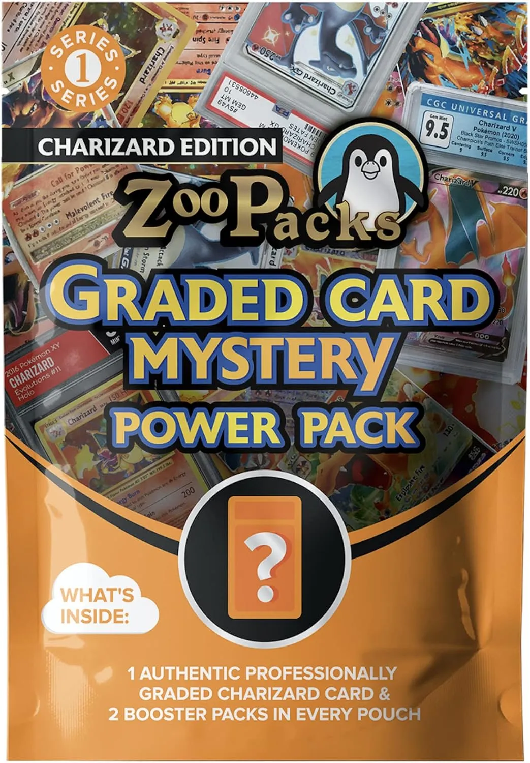 Zoo Packs Charizard Pokemon Graded Card Mystery Power Pack - Charizard Series 1-1 Graded Charizard Card and 2 Sealed Booster Packs