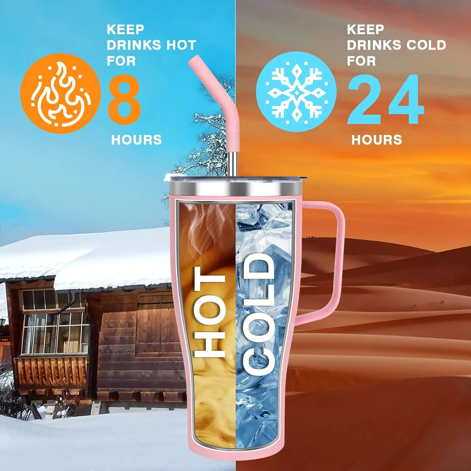 Zukro 32 oz Tumbler with Handle and Straw, No Sweat Insulated Stainless Steel Cup with 2 Lids, Leakproof Travel Coffee Mug Keeps Drinks Cold 24 Hours, Fit in Cupholder, Pink