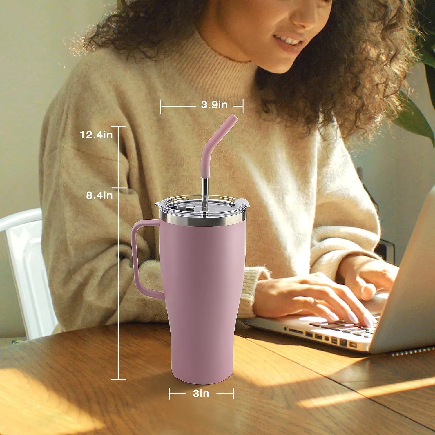 Zukro 32 oz Tumbler with Handle and Straw, No Sweat Insulated Stainless Steel Cup with 2 Lids, Leakproof Travel Coffee Mug Keeps Drinks Cold 24 Hours, Fit in Cupholder, Pink