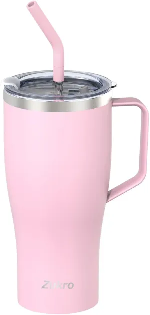 Zukro 32 oz Tumbler with Handle and Straw, No Sweat Insulated Stainless Steel Cup with 2 Lids, Leakproof Travel Coffee Mug Keeps Drinks Cold 24 Hours, Fit in Cupholder, Pink
