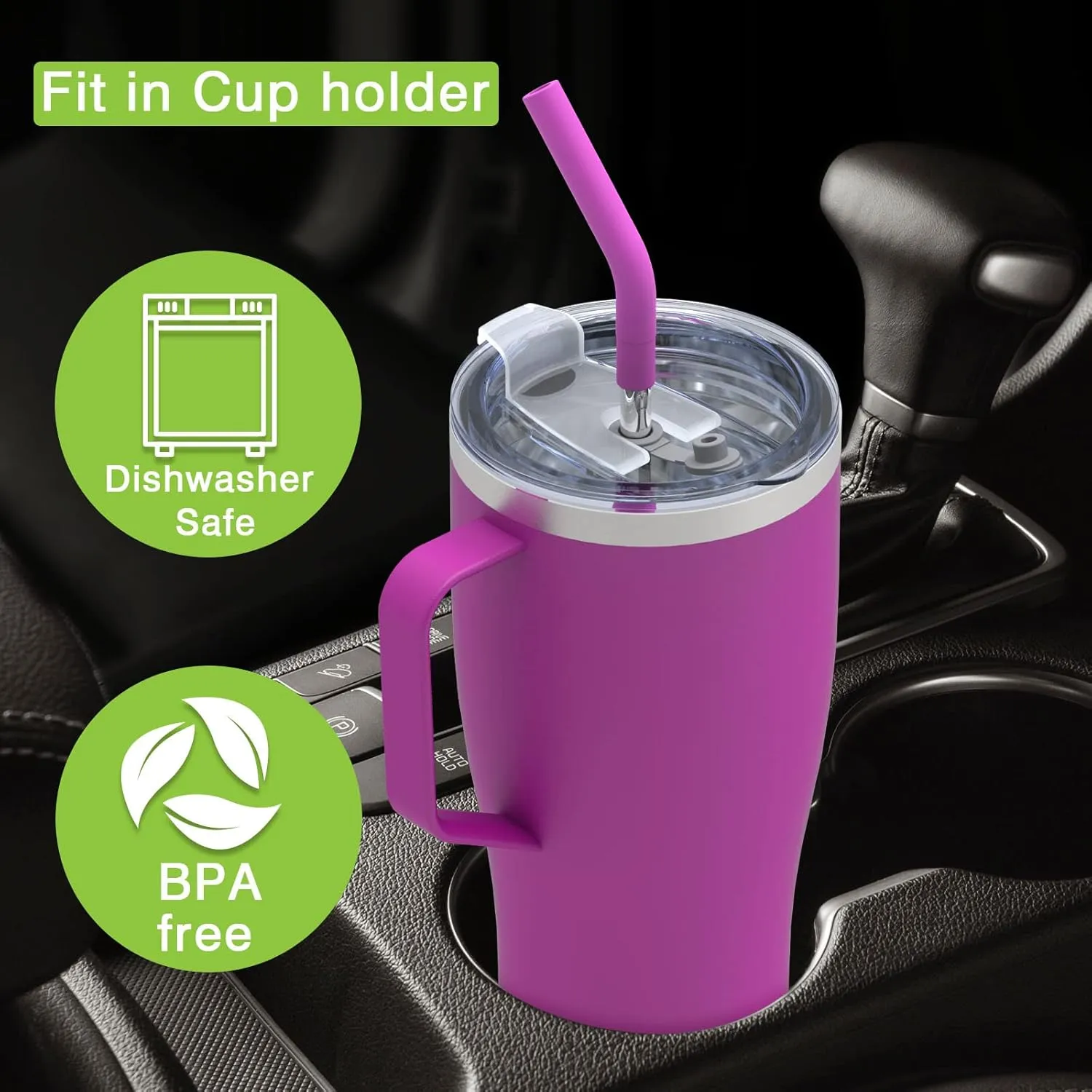Zukro 32 oz Tumbler with Handle and Straw, No Sweat Insulated Stainless Steel Cup with 2 Lids, Leakproof Travel Coffee Mug Keeps Drinks Cold 24 Hours, Fit in Cupholder, Pink