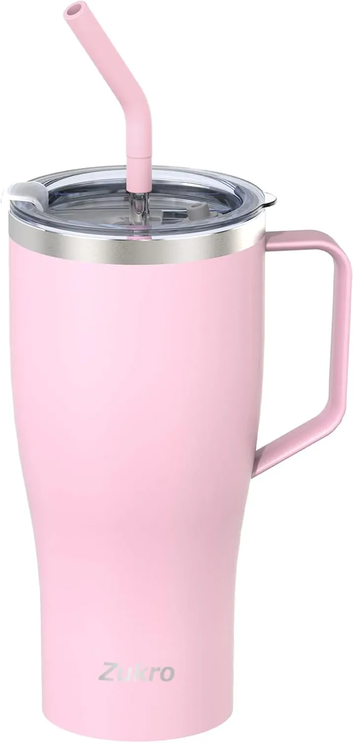 Zukro 32 oz Tumbler with Handle and Straw, No Sweat Insulated Stainless Steel Cup with 2 Lids, Leakproof Travel Coffee Mug Keeps Drinks Cold 24 Hours, Fit in Cupholder, Pink