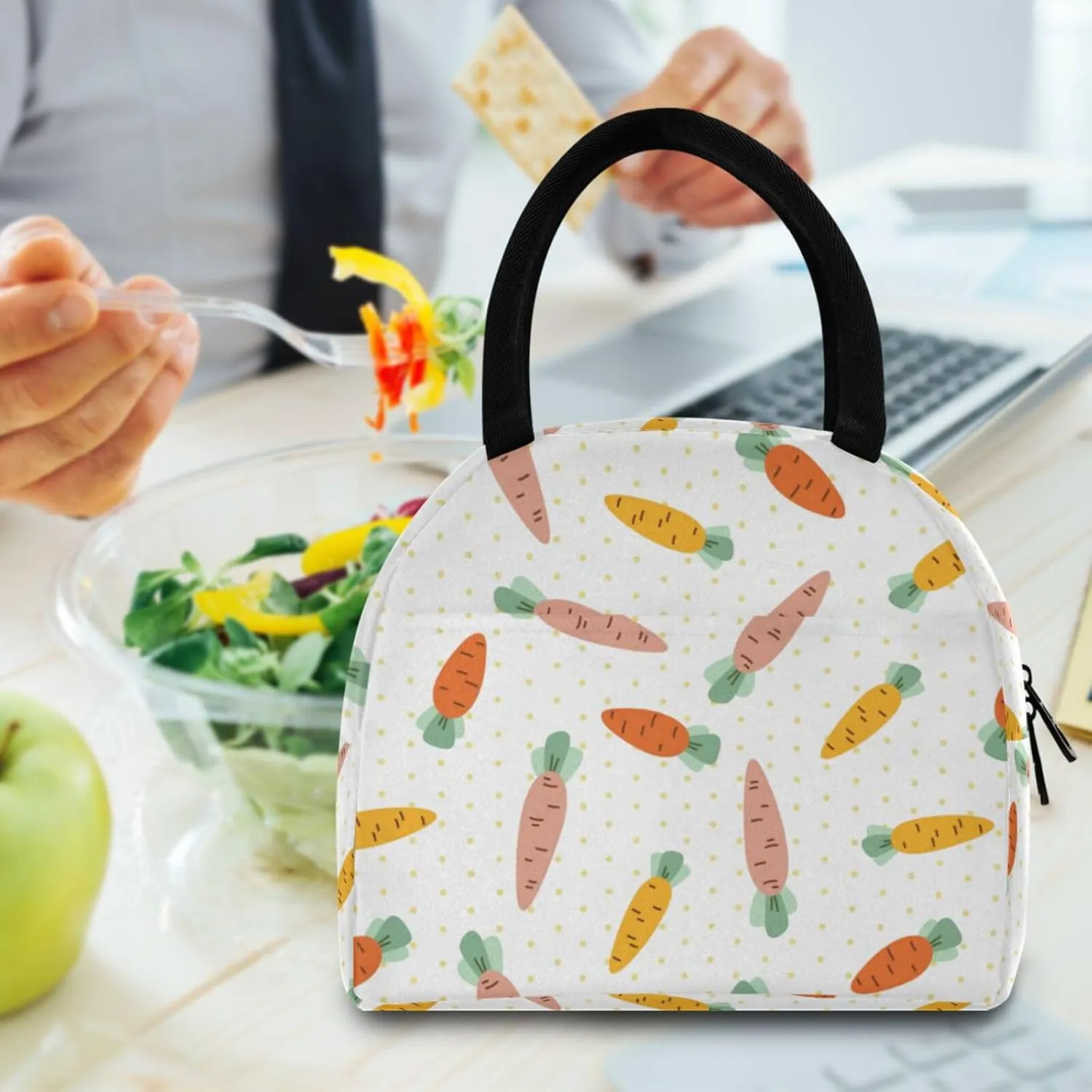 ZZKKO Fun Carrots Polka Dot Lunch Bag Box Tote Organizer Lunch Container Insulated Zipper Meal Prep Cooler Handbag For Women Men Home School Office Outdoor Use