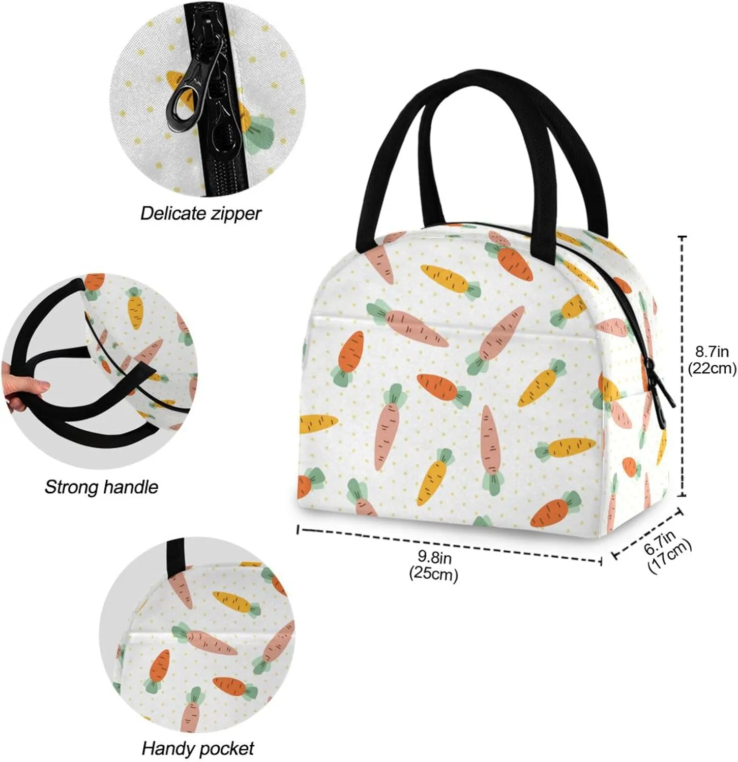ZZKKO Fun Carrots Polka Dot Lunch Bag Box Tote Organizer Lunch Container Insulated Zipper Meal Prep Cooler Handbag For Women Men Home School Office Outdoor Use
